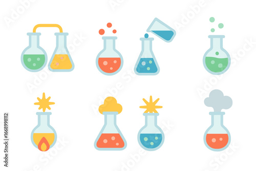 Colorful Lab Experiments. Flat vector mini-illustrations flask lab experiments in colors children's illustrations: chemical