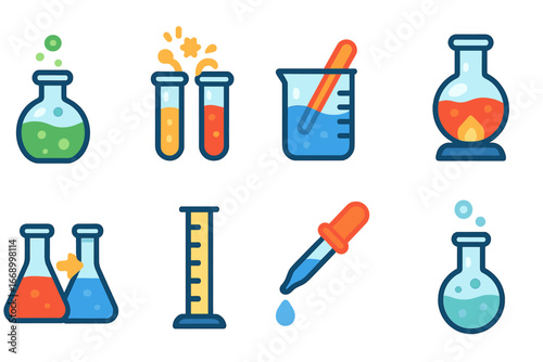 Colorful Lab Experiment Icons. Flat vector mini-illustrations lab experiments in colors children's illustrations: bubbling potion,