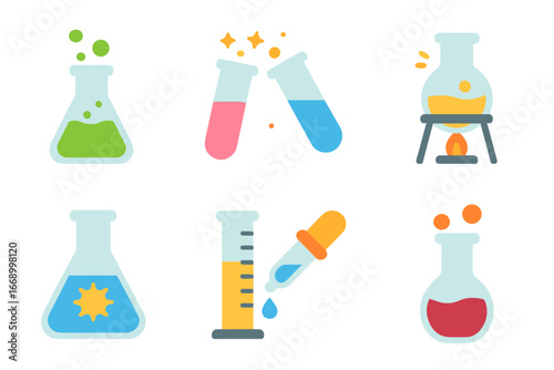 Colorful Lab Experiment Icons. Flat vector mini-illustrations lab experiments in colors children's illustrations: bubbling potion,