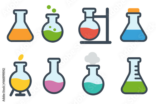 Colorful Lab Flasks. Flat vector mini-illustrations flask lab equipment in colors children's illustrations: flask with liquid,