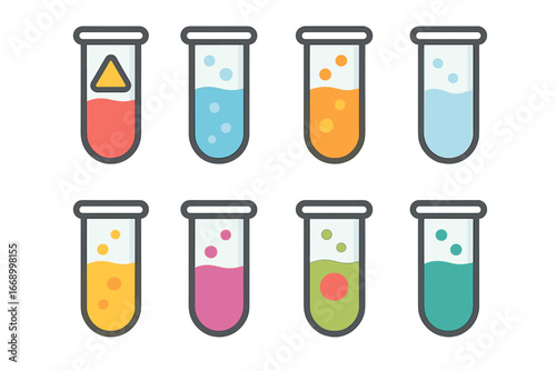 Colorful Lab Solutions. Flat vector mini-illustrations test tube liquids types in colors children's illustrations: acid, base,