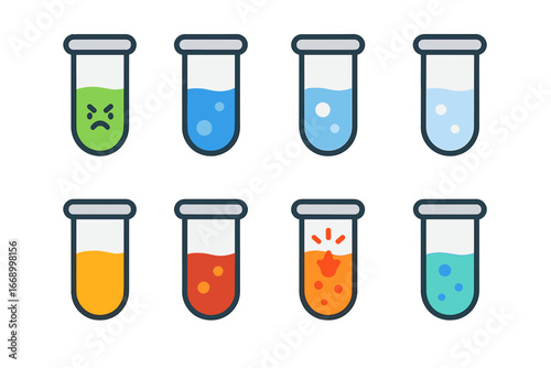Colorful Lab Solutions. Flat vector mini-illustrations test tube liquids types in colors children's illustrations: acid, base,