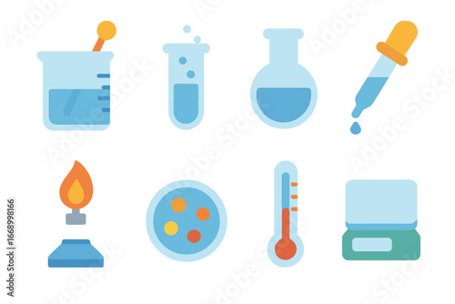 Colorful Lab Tools. Flat vector mini-illustrations stirring rod lab tools in colors children's illustrations: beaker, test tube,