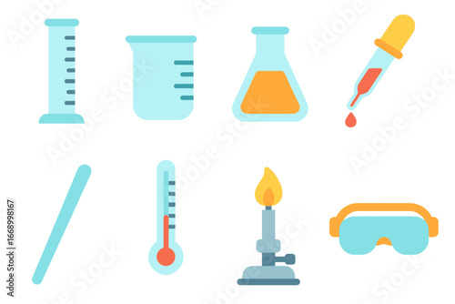 Colorful Lab Tools. Flat vector mini-illustrations graduated cylinder lab tools in colors children's illustrations: test tube,