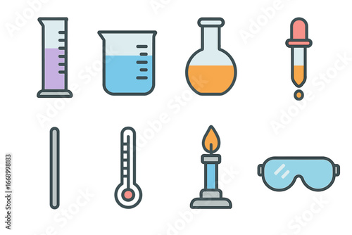 Colorful Lab Tools. Flat vector mini-illustrations graduated cylinder lab tools in colors children's illustrations: test tube,