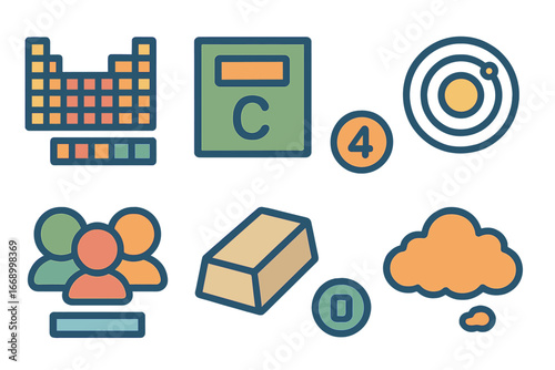 Colorful Periodic Elements. Flat vector mini-illustrations atomic elements in colors children's illustrations: periodic table,