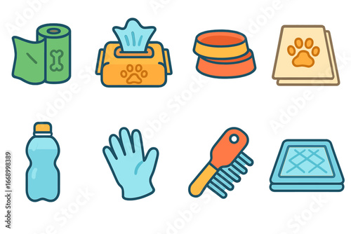 Colorful Pet Products Grid. Flat vector mini-illustrations disposable pet products in colors children's illustrations: disposable