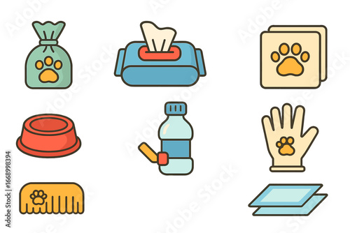 Colorful Pet Products Grid. Flat vector mini-illustrations disposable pet products in colors children's illustrations: disposable