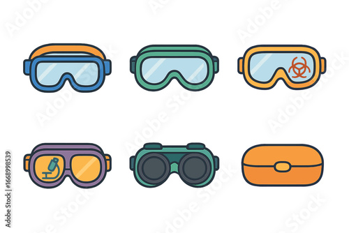 Colorful Safety Goggles. Flat vector mini-illustrations science goggles in colors children's illustrations: lab goggles, safety