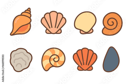 Colorful Shell Icons. Flat vector mini-illustrations seashells in colors children's illustrations: conch shell, scallop shell,