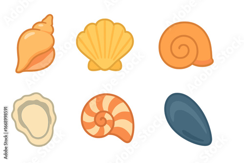 Colorful Shell Icons. Flat vector mini-illustrations seashells in colors children's illustrations: conch shell, scallop shell,