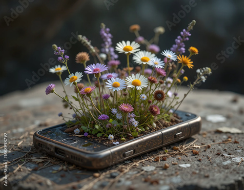 Realistic mobile phone with vibrant wildflowers growing from it on a calm minimalist background, perfect for creative, eco, and tech concepts