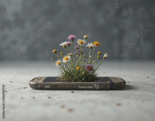 Realistic mobile phone with vibrant wildflowers growing from it on a calm minimalist background, perfect for creative, eco, and tech concepts