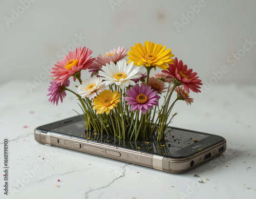 Realistic mobile phone with vibrant wildflowers growing from it on a calm minimalist background, perfect for creative, eco, and tech concepts