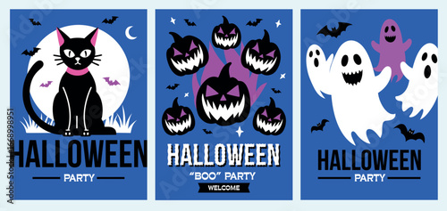 Celebrate Halloween with festive posters of cute cats, pumpkins, and spooky ghosts
