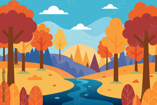 A vibrant cartoon stream in an autumn forest vector illustration