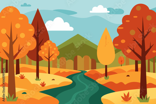A cartoon autumn forest stream scene vector illustration