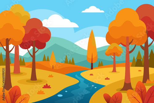 A peaceful cartoon autumn forest stream vector illustration