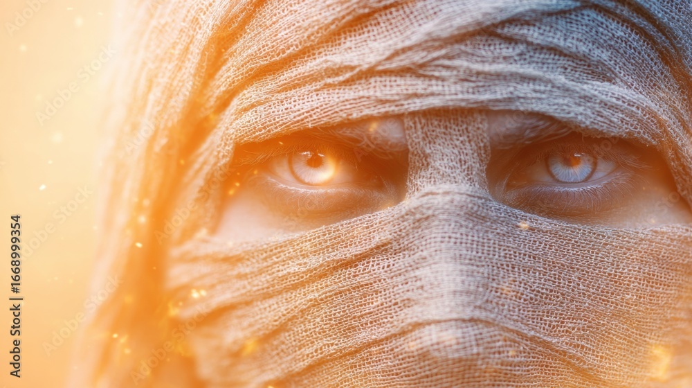 Fototapeta premium Masked figure with piercing gaze conveying mystery and intrigue during sunset