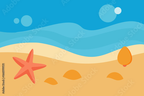 A sandy cartoon beach covered in seashells and starfish vector illustration