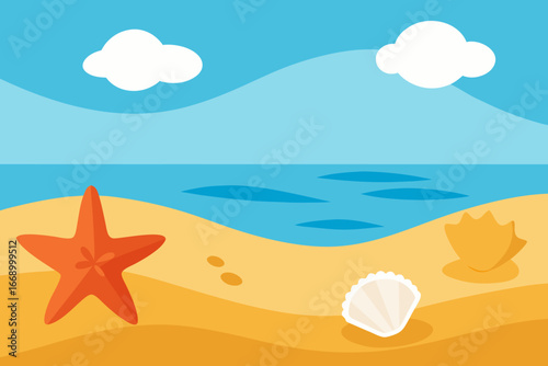 A cartoon beach with seashells and starfish vector illustration