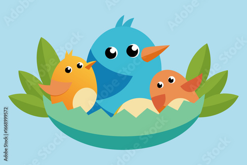 A charming cartoon illustration of birds in their nest vector illustration