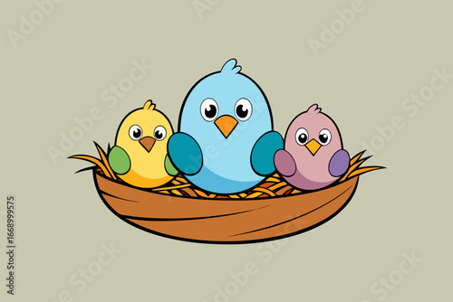 A nest full of cartoon birds vector illustration