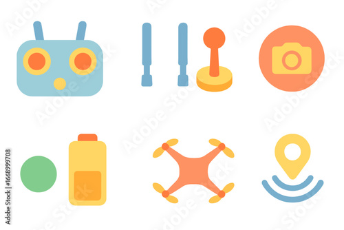 Colorful Tech Icons. Flat vector mini-illustrations drone controller in colors children's illustrations: joystick controller,