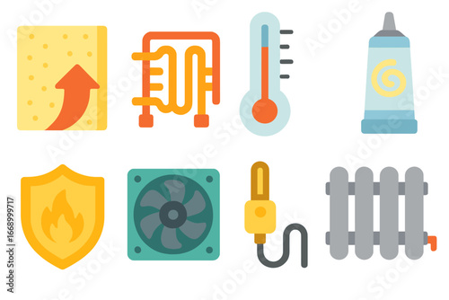 Colorful Thermal Icons. Flat vector mini-illustrations thermal resistance in colors children's illustrations: insulation foam,