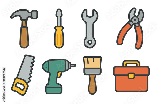 Colorful Tool Icons. Flat vector mini-illustrations home tools in colors children's illustrations: hammer, screwdriver, wrench,