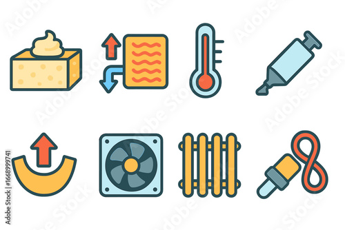 Colorful Thermal Icons. Flat vector mini-illustrations thermal resistance in colors children's illustrations: insulation foam,