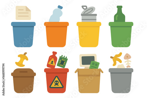 Colorful Waste Sorting Icons. Flat vector mini-illustrations trash sorting in colors children's illustrations: paper bin, plastic