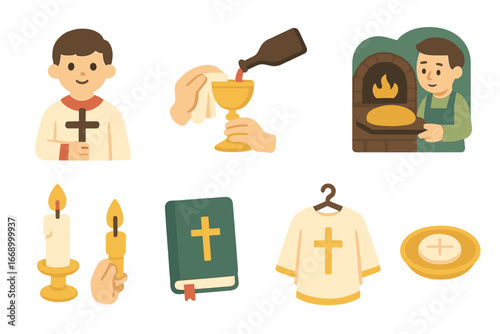 Communion Preparation Icons. Flat vector mini-illustrations communion preparation in colors children's illustrations: altar server