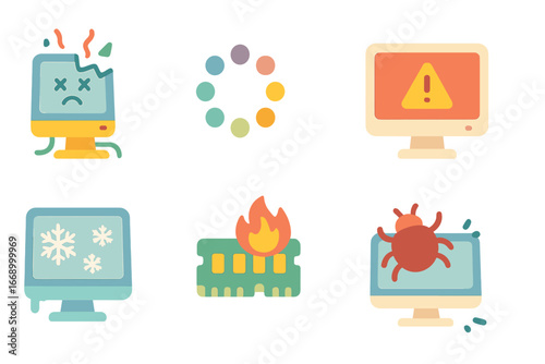 Computer Chaos Icons. Flat vector mini-illustrations computer overload in colors children's illustrations: crashing computer,