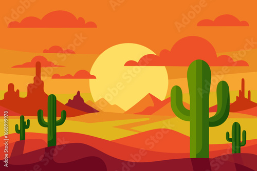 A vibrant sunset over a cartoon cactus valley vector illustration
