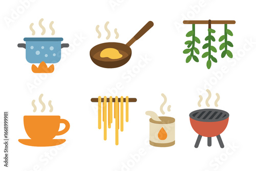 Cooking Evaporation Icons. Flat vector mini-illustrations evaporation in cooking in colors children's illustrations: boiling pot,
