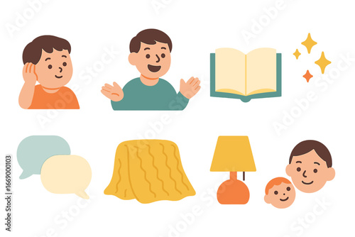 Cozy Storytime Magic. Flat vector mini-illustrations storytelling intros in colors children's illustrations: child listening,