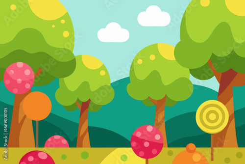 A cartoon candy forest background with gumdrops vector illustration