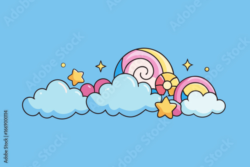 A magical night sky with cartoon candy clouds and stars vector illustration