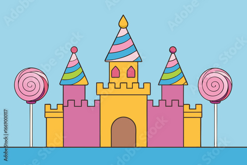 A magical cartoon candy castle with lollipop towers vector illustration