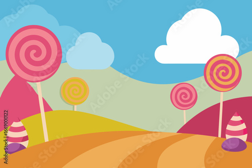 A cartoon candy land background with lollipops and candy vector illustration