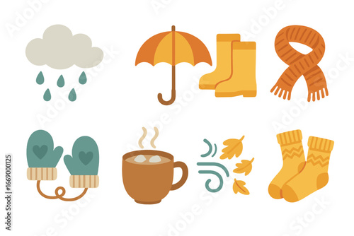 Cozy Weather Icons. Flat vector mini-illustrations cozy weather in colors children's illustrations: rainy clouds, umbrella, rain