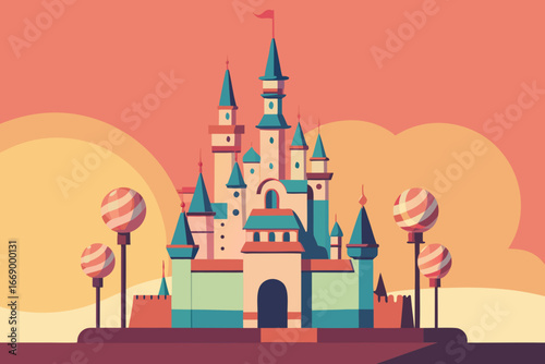 A whimsical candy castle background with lollipop towers vector illustration