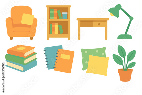 Cozy Study Icons. Flat vector mini-illustrations textbook study corner in colors children's illustrations: cozy chair, bookshelf,