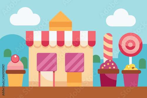 A cartoon candy shop background filled with sweets vector illustration
