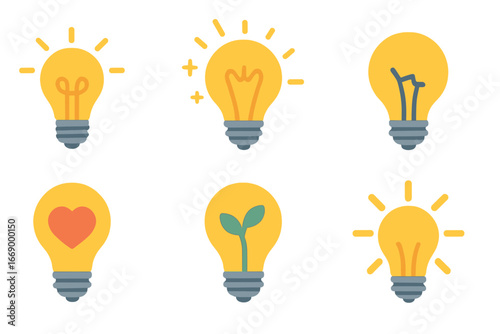 Creative Bulb Icons. Flat vector mini-illustrations light bulbs and ideas in colors children's illustrations: glowing bulb, idea