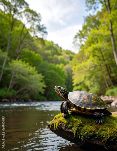 Turtle by a river, lush green trees