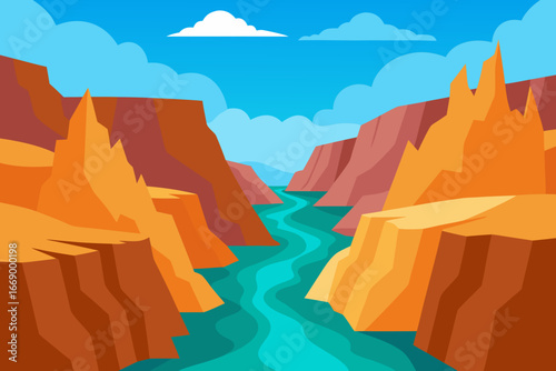 A cartoon scene of canyon cliffs with a river below vector illustration