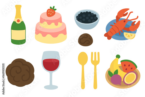 Deluxe Food Icons. Flat vector mini-illustrations deluxe food and drink in colors children's illustrations: champagne bottle,