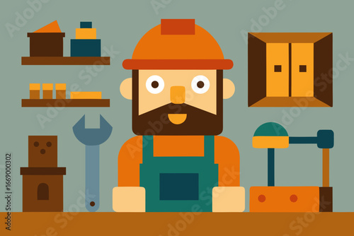 A traditional cartoon carpenter workshop vector illustration